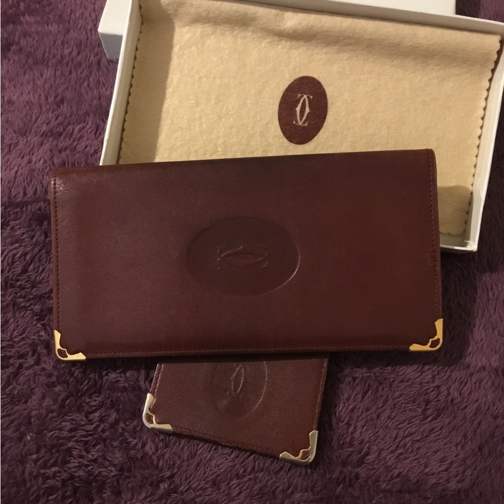 Vintage Authentic Must Be Cartier Bordeaux Burgundy Long Wallet & Coin Set